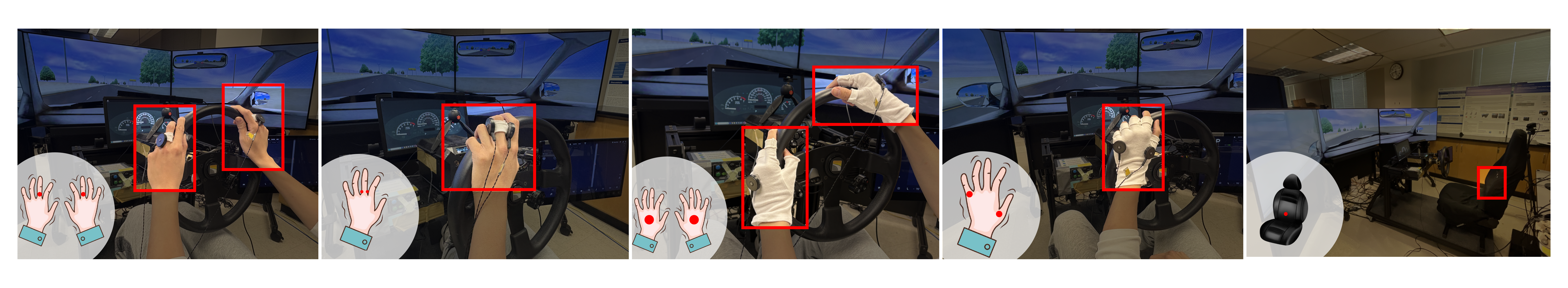 The five vibrotactile configurations: one ring, two rings, one glove, two gloves, and a seat-back baseline